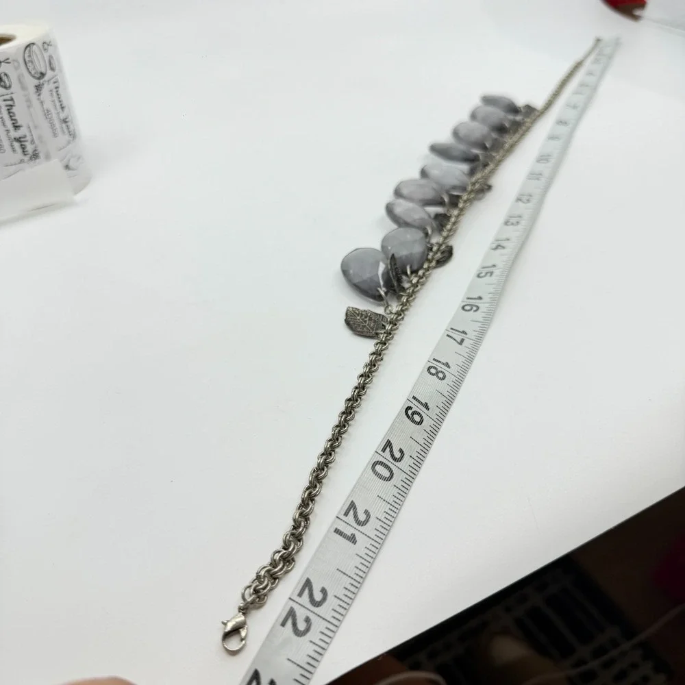 Gray Faceted Crystal Teardrop Leaf Charm Necklace Silver Tone Statement Jewelry